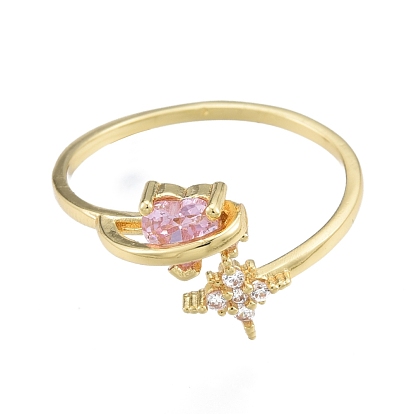 Pearl Pink Cubic Zirconia Heart & Star Open Cuff Ring, Brass Jewelry for Women