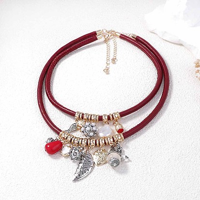 Подвеска в виде крыла рыбы и искусственного жемчуга из сплава, двухслойное ожерелье из красного вощеного шнура для женщин