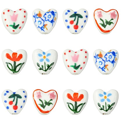 12Pcs 6 Colors Handmade Porcelain Ceramic Beads, Heart with Flower Pattern, Famille Rose Style