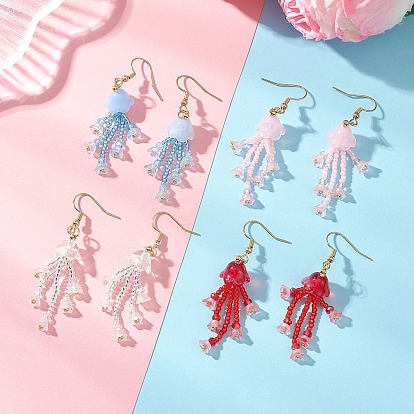 Серьги-подвески из стеклянных бусинок и бусин., с 304 крючков из нержавеющей стали, медуза, золотые