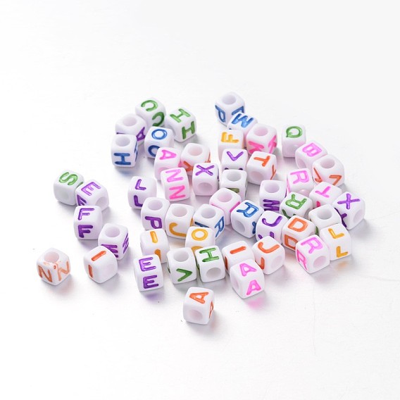 Mixed Style Opaque Acrylic European Large Hole Beads, Horizontal Hole, Letter Cube, 7x7x7mm, Hole: 4mm, about 2450pcs/500g