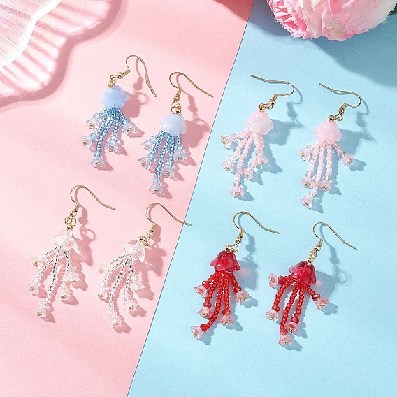 Серьги-подвески из стеклянных бусинок и бусин., с 304 крючков из нержавеющей стали, медуза, золотые