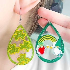 Висячие серьги из акриловой блестящей пудры ко Дню Святого Патрика, платина, слеза