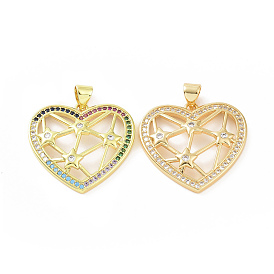 Brass Micro Pave Cubic Zirconia Pendants, Heart with Star Charm, Golden