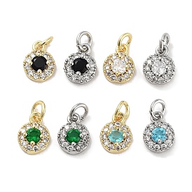 Brass Micro Pave Cubic Zirconia Charms, with Jump Ring, Flat Round