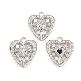 Alloy with Rhinestone Pendants, Heart Charms, Rack Plating, Platinum