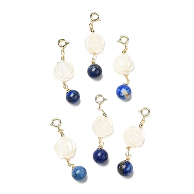 Natural Lapis Lazuli Round Pendant Decorations, with Rose Natural White Shell and Brass Spring Ring Clasps