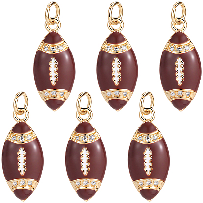 6 colgantes de zirconia cúbica micro pavé de latón chapado en rack, encantos de rugby, con anilla y esmalte, larga duración plateado, sin plomo y cadmio