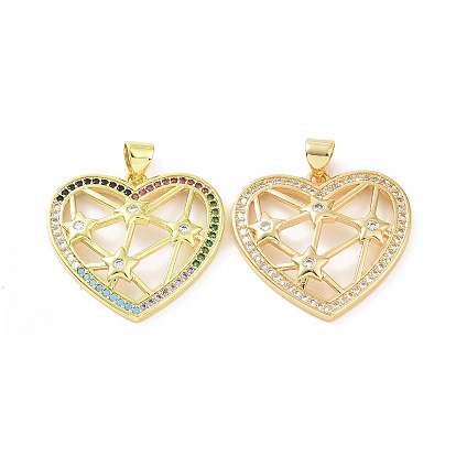 Brass Micro Pave Cubic Zirconia Pendants, Cadmium Free & Lead Free, Heart with Star Charms, Golden