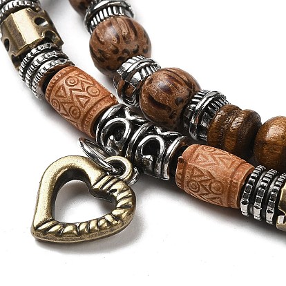 Wooden Braided Double Layer Multi-strand Bracelets, Adjustable Bracelet with Alloy Heart Charms
