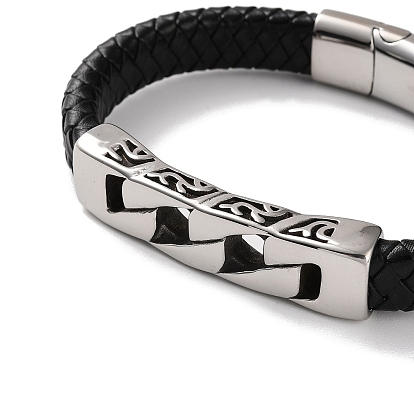 Мужские плетеные черные браслеты из искусственной кожи, полый прямоугольник 304 браслеты со звеньями из нержавеющей стали и магнитными застежками