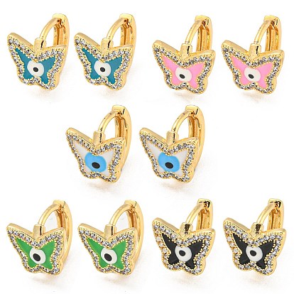 Butterfly with Evil Eye Real 18K Gold Plated Brass Hoop Earrings, with Enamel and Clear Cubic Zirconia