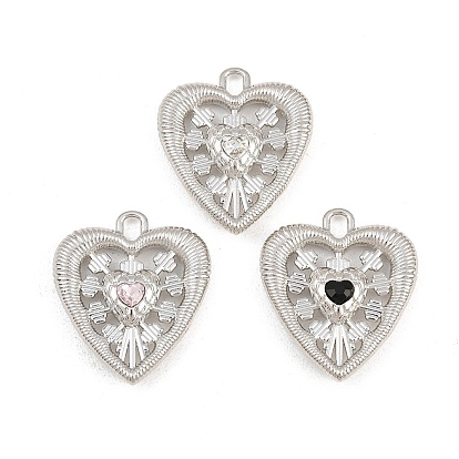 Alloy with Rhinestone Pendants, Heart Charms, Rack Plating, Platinum