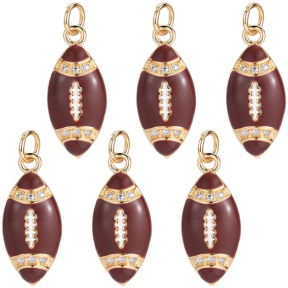 6Pcs Rack Plating Brass Micro Pave Cubic Zirconia Pendants, Rugby Charms, with Jump Ring and Enamel, Long-Lasting Plated, Cadmium Free & Lead Free