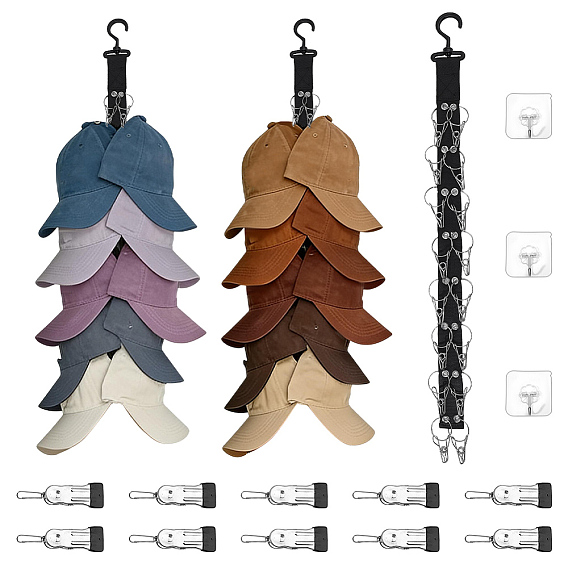 3Pcs Nylon & Plastic & 201 Stainless Steel Hat Organizer Racks for Baseball Caps, Closet Hook Cap Holder, with 10Pcs High Manganese Steel Cilps