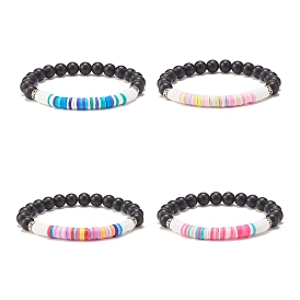 Pierre noire synthétique et perles heishi en argile polymère faites à la main bracelet extensible, bracelet preppy pour femme