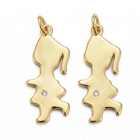 Brass Micro Pave Clear Cubic Zirconia Pendants, Long-Lasting Plated, Girl
