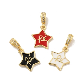 Brass Micro Pave Cubic Zirconia Pendants, with Enamel, Cadmium Free & Lead Free, Long-Lasting Plated, Star with Word Re, Real 18K Gold Plated
