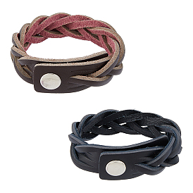 2Pcs 2 Colors Braided Cowhide Cord Bracelets, Iron Snap Bracelets for Women Men