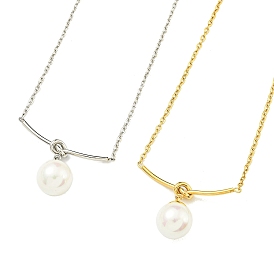 Plastic Imitation Pearl Round Pendant Necklaces, Ion Plating(IP) 304 Stainless Steel Cable Chain Necklaces