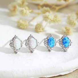 925 Sterling Silver Opal Stud Earrings for Women, with S925 Stamp, Real Platinum Plated, Rhombus