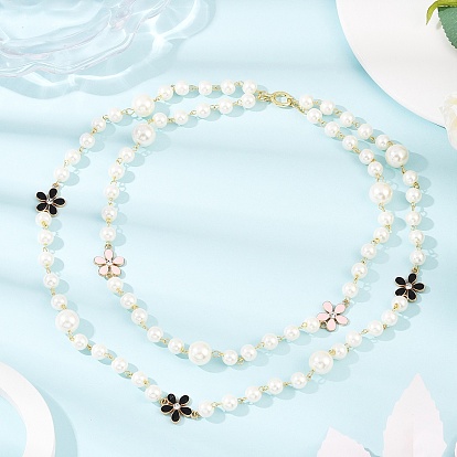 Стеклянные жемчужные круглые бусины с эмалью из цинкового сплава розовые и черные цветы двухслойные ожерелья для женщин, белые