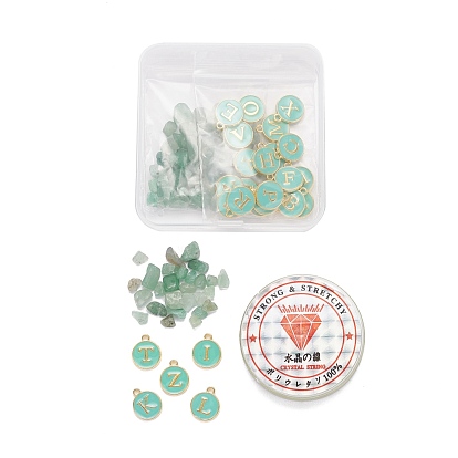 26Pcs Flat Round Initial Letter A~Z Alphabet Enamel Charms, 20G Natural Green Aventurine Chip Beads and Elastic Thread, for DIY Jewelry Making Kits