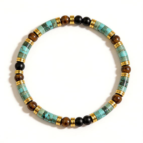 Natural African Turquoise(Jasper) Disc and Tiger Eye Beaded Stretch Bracelets, Golden