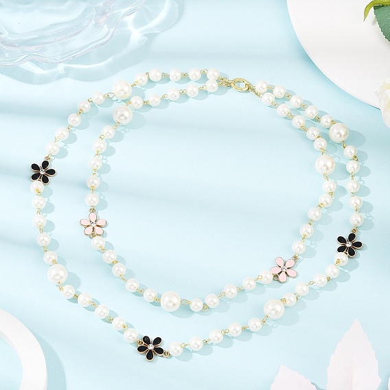 Стеклянные жемчужные круглые бусины с эмалью из цинкового сплава розовые и черные цветы двухслойные ожерелья для женщин, белые