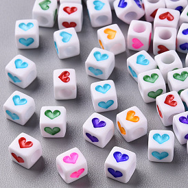 Белые непрозрачные акриловые бусины, Куб с сердцем