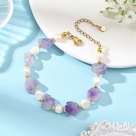 Armbänder aus rohen, natürlichen Edelsteinnuggets und natürlichen Süßwasserzuchtperlen, golden