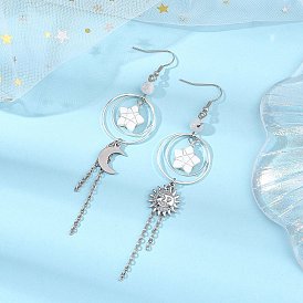 Boucles d'oreilles pendantes en perles de pierre de lune arc-en-ciel naturelle, lune et étoile, 304 boucles d'oreilles asymétriques en acier inoxydable, avec 316 crochets d'oreille chirurgicaux en acier inoxydable