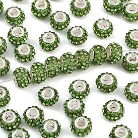 Бусины со стразами из смолы, с серебряного цвета латуни двойные сердечники, класс А, рондель, 10x7 мм, отверстие : 2.5 мм