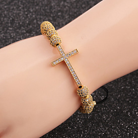 Cross Charm Bracelet with Micro-Inlaid Zirconia, Adjustable Copper Beads and 8mm Drilled Ball