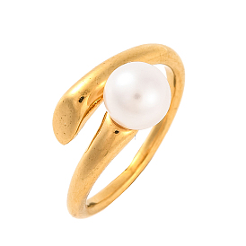 Ion Plating(IP) 304 Stainless Steel Cuff Finger Rings for Women, with Round Plastic Imitation Pearl