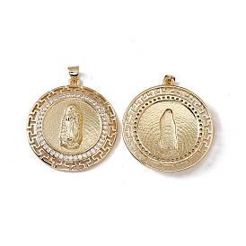 Brass Micro Pave Clear Cubic Zirconia Pendants, Cadmium Free & Nickel Free & Lead Free, Rack Plating, Flat Round with Virgin Pattern