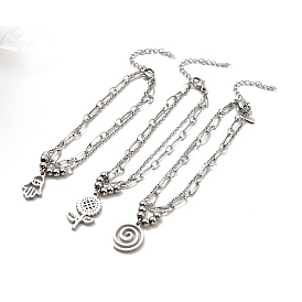 304 Stainless Steel Paperclip & Cable Chains Double Layer Multi-strand Bracelet with Charm for Women, Stainless Steel Color