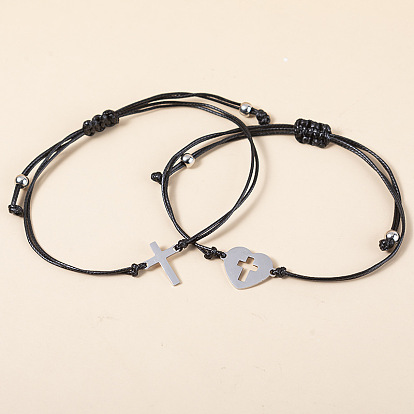 Handmade Adjustable Couples Bracelet Set with Cross Charm - Stainless Steel Card Chain