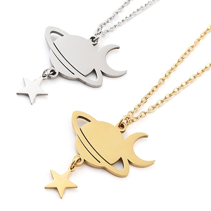 304 Stainless Steel Pendant Necklaces, Cable Chains, Planet