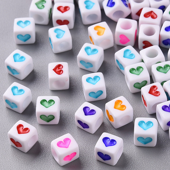 Белые непрозрачные акриловые бусины, Куб с сердцем