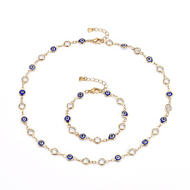 Brass Link Chain Bracelet & Necklace Jewelry Sets, with Glass & Cubic Zirconia & 304 Stainless Steel Lobster Claw Clasps, Evil Eye, Blue