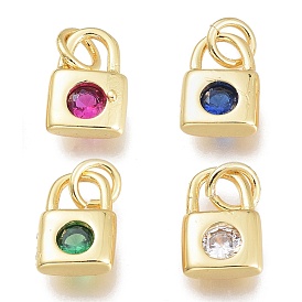 Brass Micro Pave Cubic Zirconia Charms, with Jump Ring, Lock, Golden
