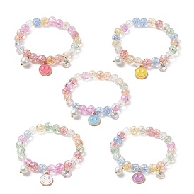 Bracelet extensible à perles rondes bling galss, alliage émail visage souriant breloques bracelet réglable pour enfants
