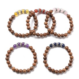 Stretch Bracelets, with Round Natural Gemstone Beads, Natural Wood Beads, Alloy Bead Caps and 304 Stainless Steel Spacer Beads
