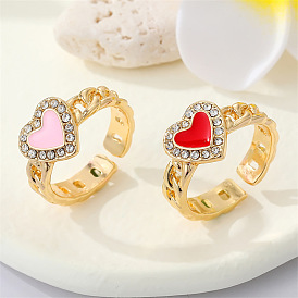 Minimalist Geometric Heart-shaped Open Ring with Rhinestones and Oil Droplets for Women