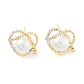 Heart Brass with Glass Stud Earrings, with Plastic Pearl