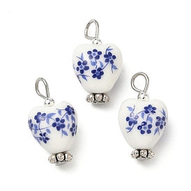 Подвески из фарфора ручной работы с принтом, с железными петлями, подвески в виде сердца с цветочным узором