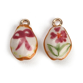 Handmade Porcelain with Brass Pendants, Oval Charms, Hand Painted, Famille Rose Porcelain, Golden