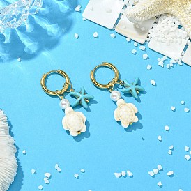 Серьги-кольца из синтетической бирюзы в виде черепахи и морской звезды, Серьги-подвески с жемчугом из ракушек, 202 кольцом из нержавеющей стали и 316 булавкой из хирургической нержавеющей стали.