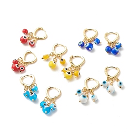 Evil Eye Lampwork Round Beads Dangle Hoop Earrings, Brass Heart Earrings for Girl Women, Golden